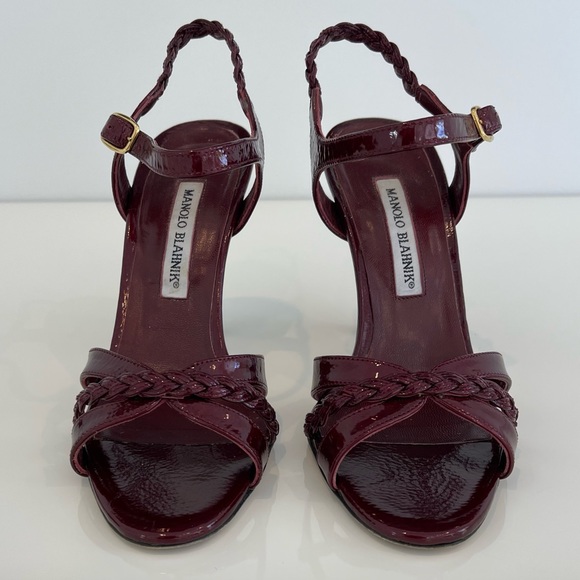 MANOLO BLAHNIK BURGUNDY PATENT LEATHER SANDALS 7.5 - Picture 12 of 15